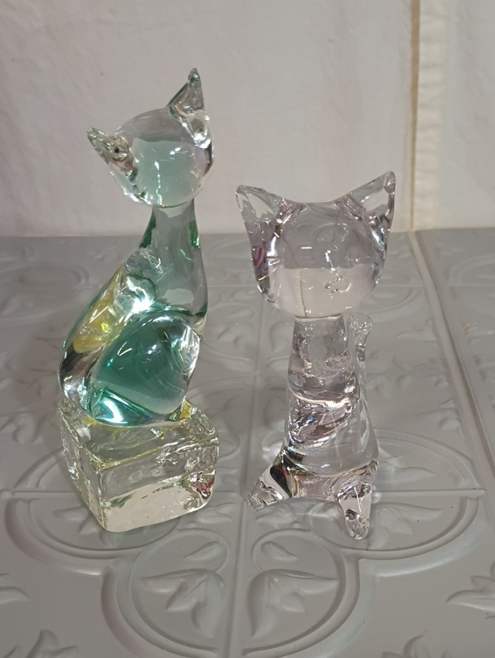 Lot of 2- Hand Blown Glass Cat Figurines -Accents Home Lt Green & Light Purple/P